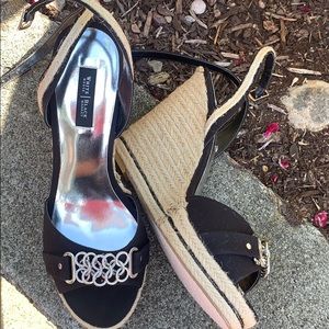 WHBM BLACK TAN ESPADRILLE WEDGE